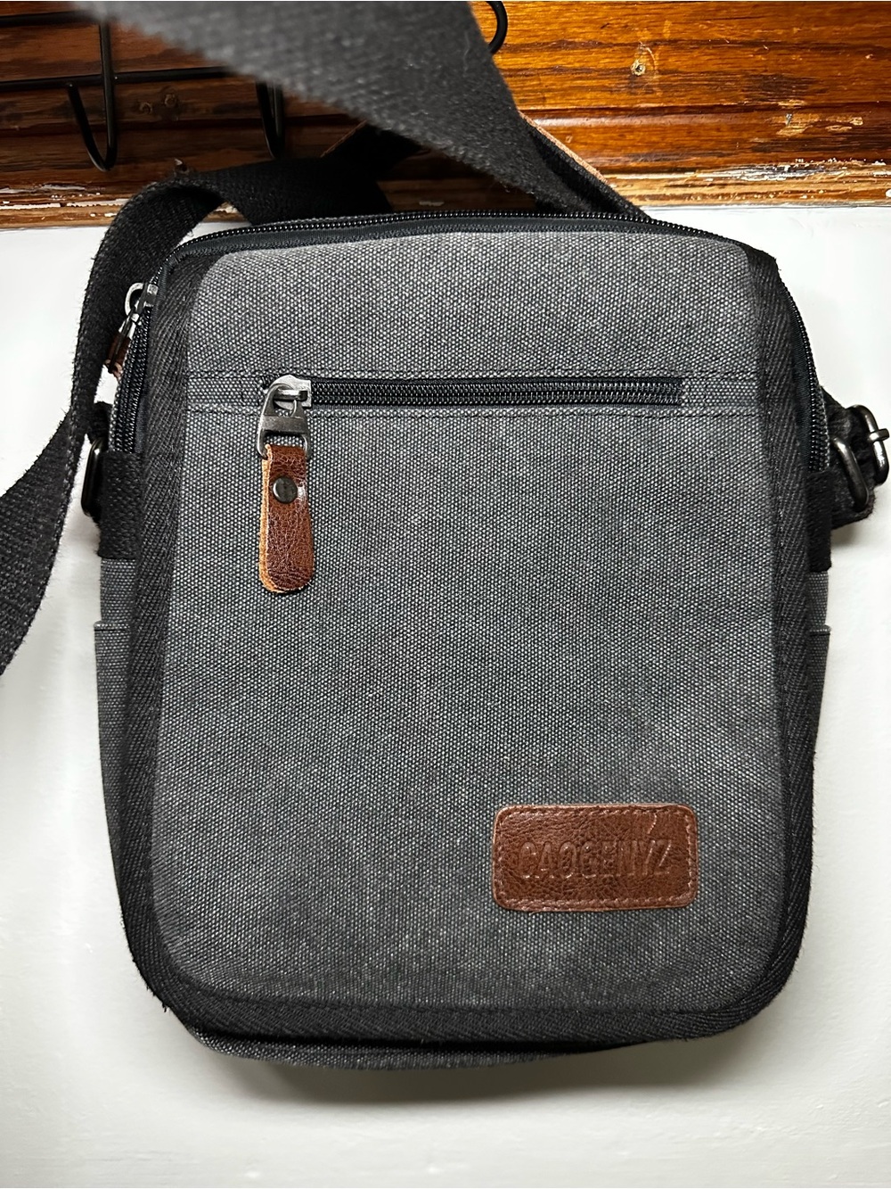 Men's Small Crossbody Shoulder Bag - Gray with Brown Accents